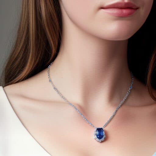 A model wearing a Ceylon sapphire necklace, showcasing the beauty of ethically sourced Ceylon gems.