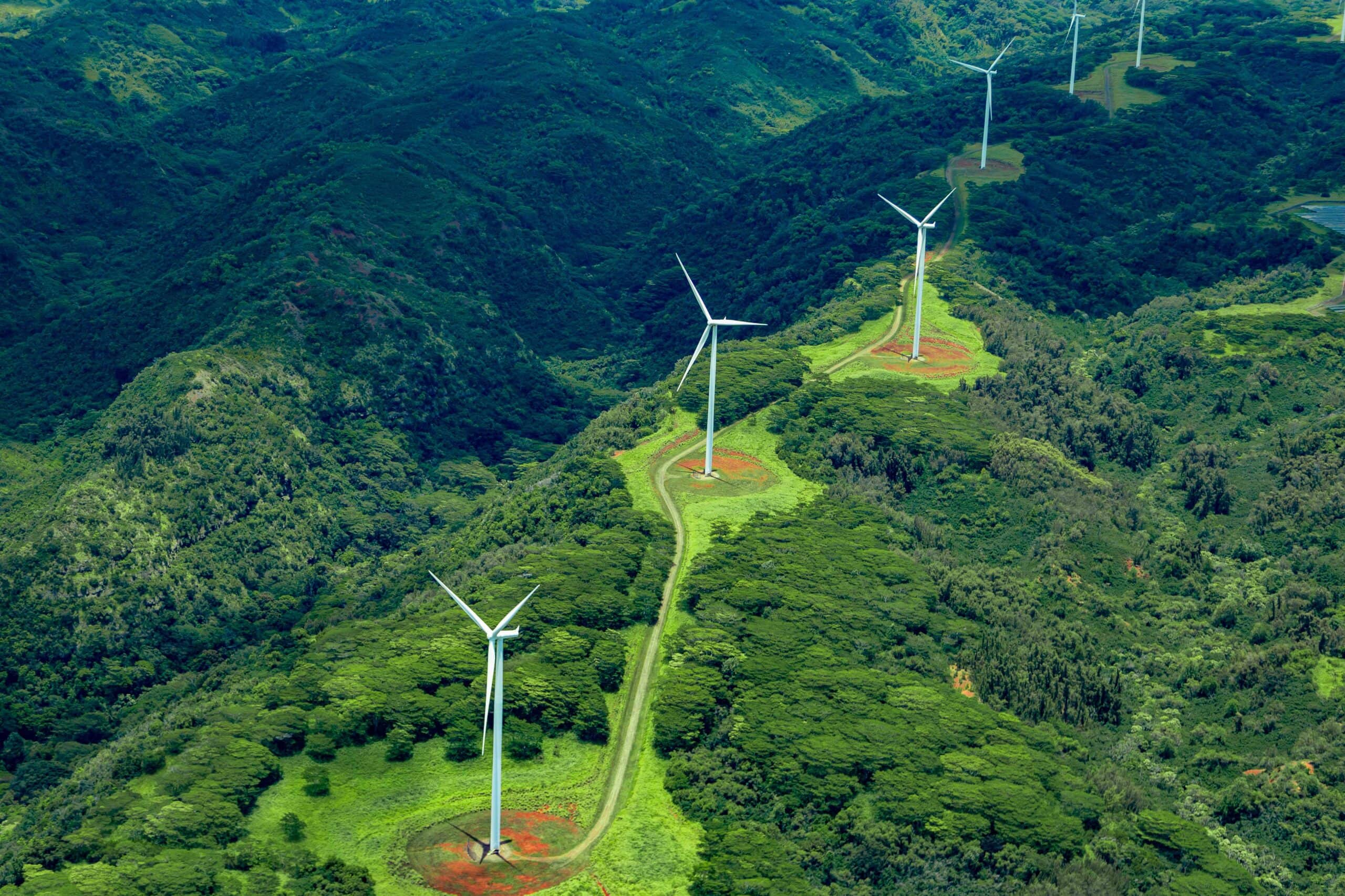 Wind turbines symbolizing the sustainable practices of Tenora Ceylon Gems.